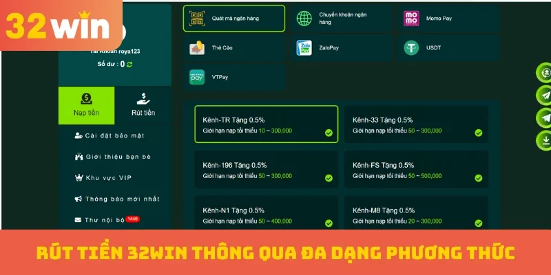 Rút tiền 32WIN thông qua đa dạng phương thức